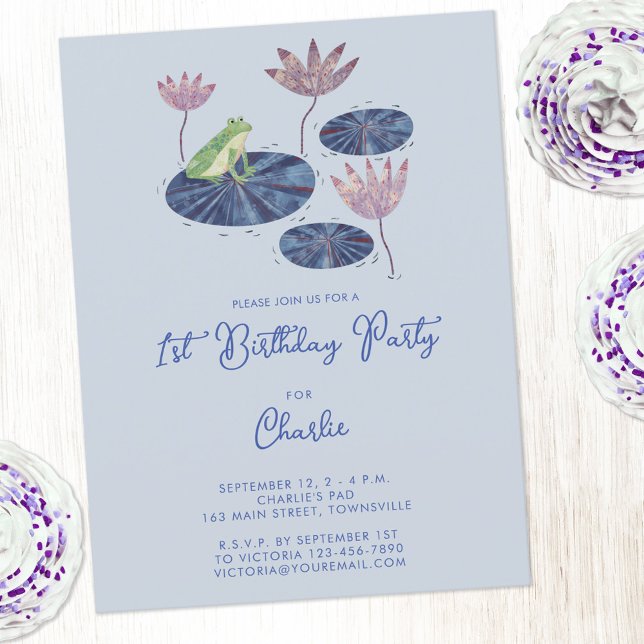 Carte Postale Grenouille dans un étang Lily mignonne 1er premier (Cute frog themed first 1st custom age personalized birthday party invitation postcard)