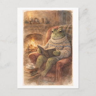 Carte Postale Grenouille de style vintage lisant au coin du feu