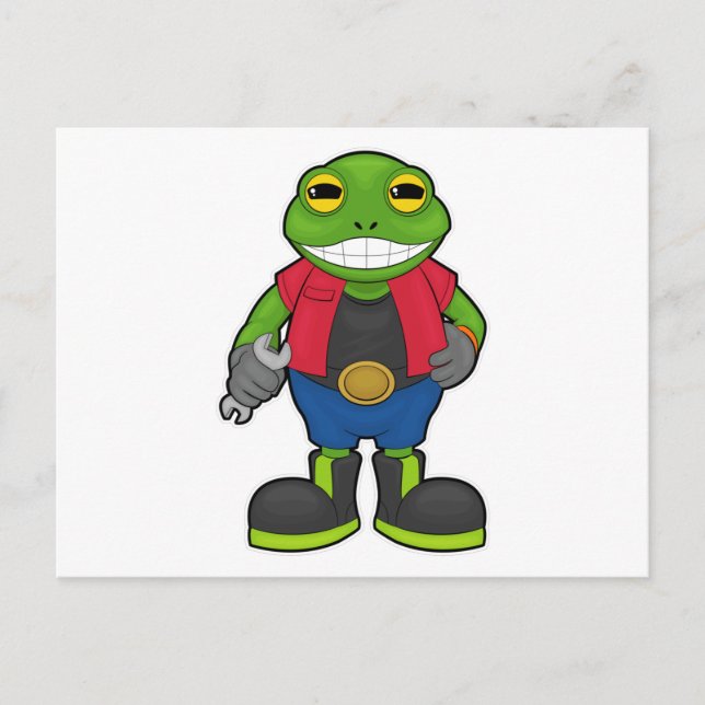 Carte Postale Grenouille en mécanicien avec clé à écrou (Devant)