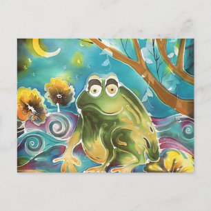Carte Postale Grenouille fantaisiste heureuse la nuit Peinture s