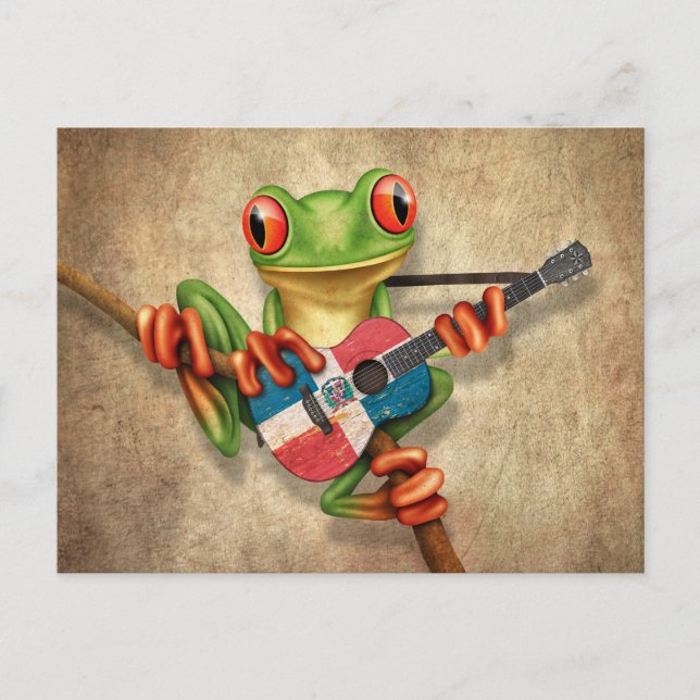Carte Postale Grenouille Jouer Drapeau Dominicain Guitare (Devant)