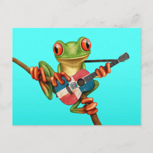 Carte Postale Grenouille Jouer Drapeau Dominicain Guitare Bleu