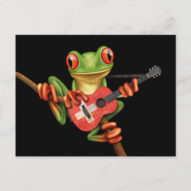 Carte Postale Grenouille Jouer Drapeau Suisse Guitare Noir (Devant)