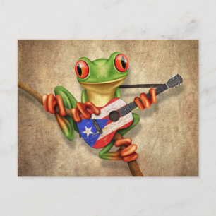 Carte Postale Grenouille Jouer Porto Rico Drapeau Guitare