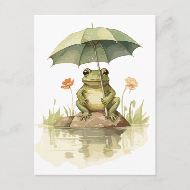 Carte Postale Grenouille mignonne avec un parapluie au lac (Devant)