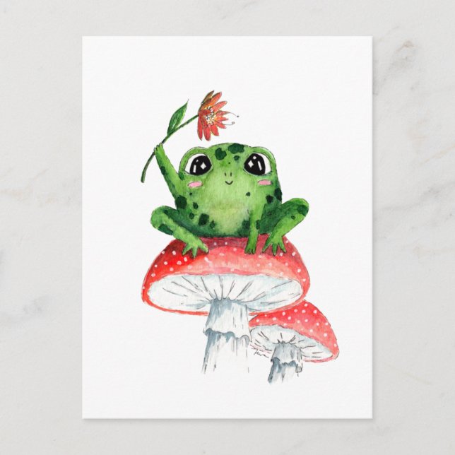 Carte Postale Grenouille mignonne sur champignon Aquarelle origi (Devant)