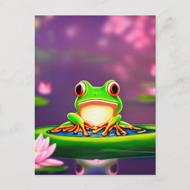 Carte Postale Grenouille mignonne sur un tapis de lis fleurs de  (Devant)