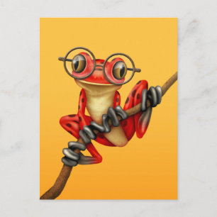 Carte Postale Grenouille rouge mignonne avec lunettes d'oeil sur