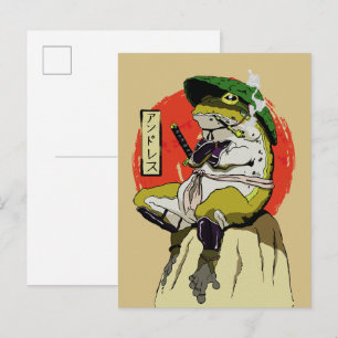 Carte Postale Grenouille Samouraï avec Esthétique Soleil Rouge