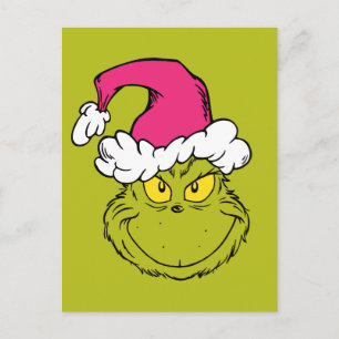 Carte Postale Grinch avec chapeau de Père Noël rose
