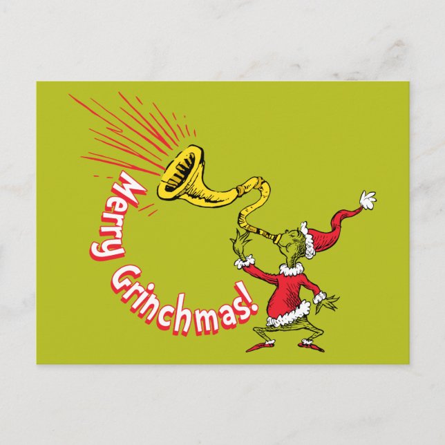 Carte Postale Grinch Blowing the Merry Grinchmas Horn (Devant)