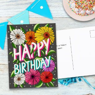 Carte Postale Gris Charbon Floral Personnalisé Joyeux Anniversai