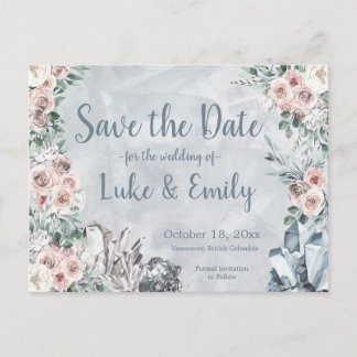 Carte Postale Gris Floral & Crystals Mariage Enregistrer la date