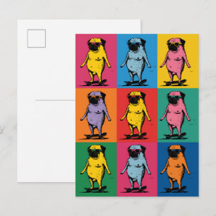 Carte Postale Gris Pop Art de Pug drôles sur des skateboards
