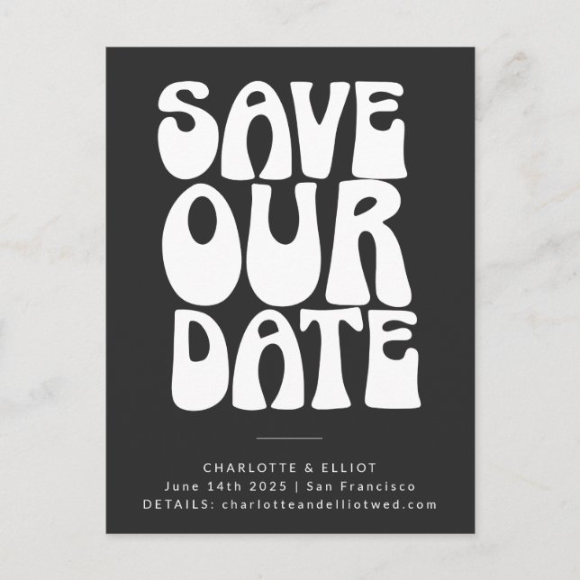 Carte Postale Groovy 70s Noir Blanc Simple Enregistrer La Date (Devant)