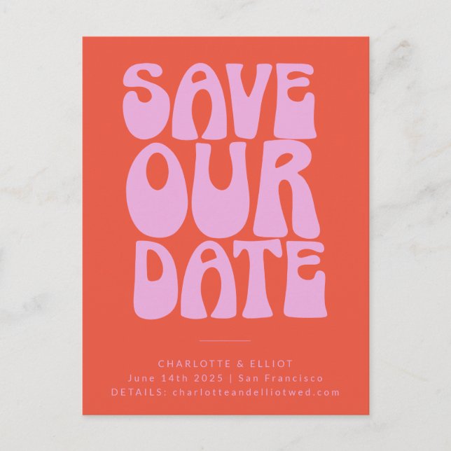 Carte Postale Groovy 70s Rose Orange Simple Enregistrer La Date (Devant)