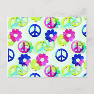 Carte Postale Groovy Hippie Peace Signs Flower Power Aqua