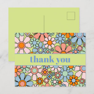 Carte Postale Groovy Rétro Floral Coloré Années 60 70 Merci