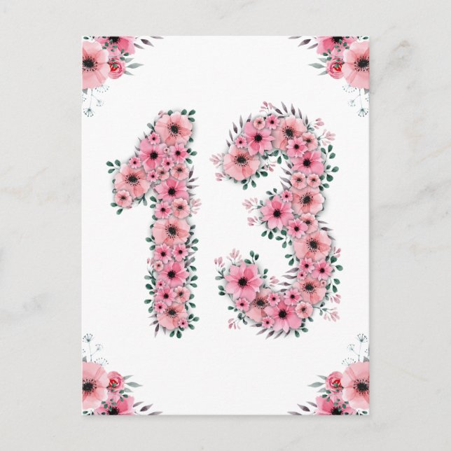Carte Postale Gros 13e anniversaire Fleurs roses Fille Foliage v (Devant)