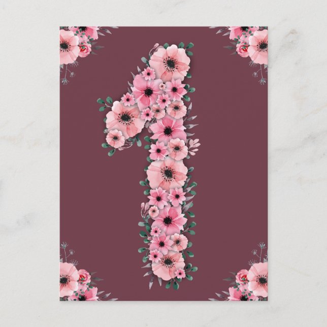 Carte Postale Gros 1er anniversaire Fleurs roses Fille Foliage v (Devant)