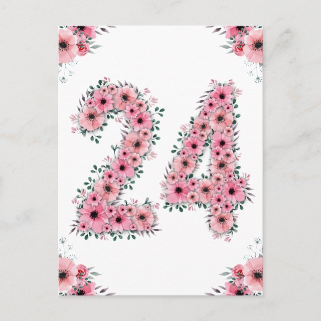 Carte Postale Gros 24e anniversaire Fleurs roses Fille Foliage v (Devant)
