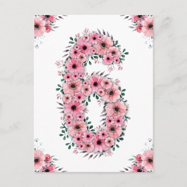 Carte Postale Gros 6e anniversaire Fleurs roses Fille Foliage ve (Devant)