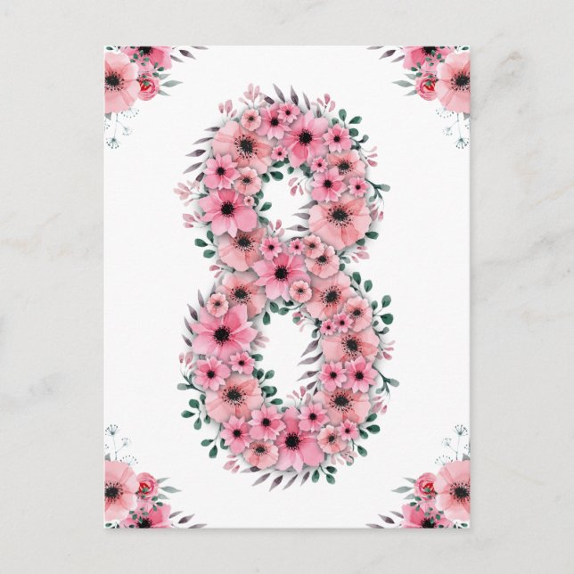 Carte Postale Gros 8e anniversaire Fleurs roses Fille Foliage ve (Devant)