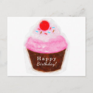 Carte Postale Gros gâteau & Cerise Aquarelle Joyeux Anniversaire