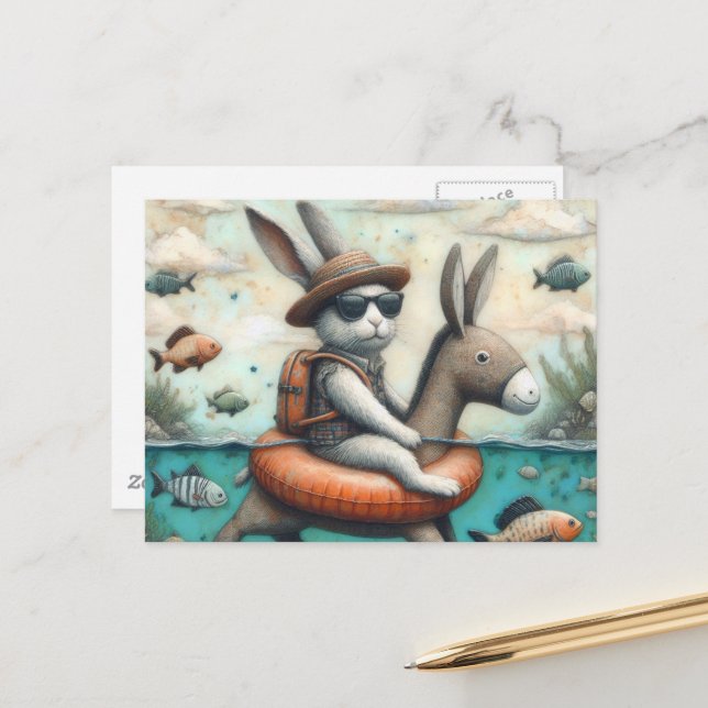 Carte Postale Gros lapin dans un Art numérique de char à âne (Devant/Arrière en situation)