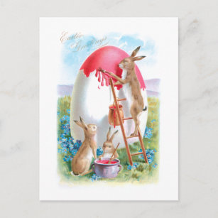 Carte Postale Gros lapins de Pâques Vintages et Oeuf géant