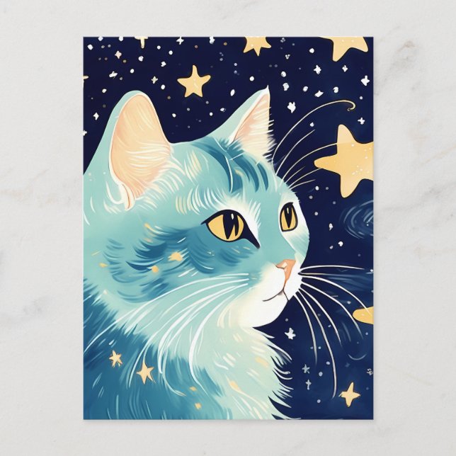 Carte Postale Gros plan d'un chat avec étoiles dans l'arrière -  (Devant)