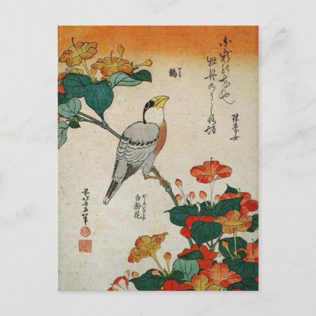 Carte Postale Grosbeak japonais et Mirabilis Jalapa (Hokusai) (Devant)