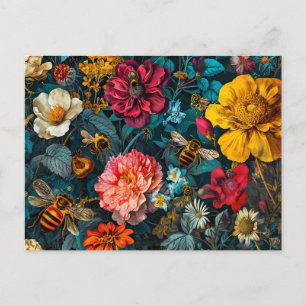 Carte Postale Groupe d'abeilles avec Zinnias, Roses et Daisie