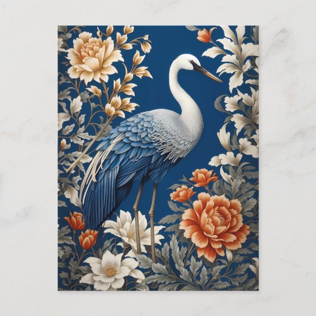 Carte Postale Grue Bleue Élégante William Morris Inspiré (Devant)