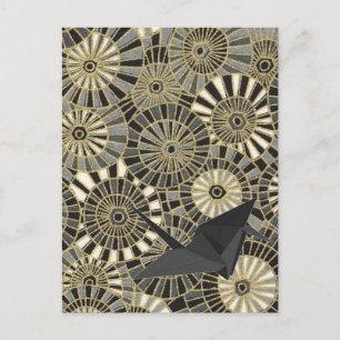 Carte Postale grue chanceuse or motif japonais fan