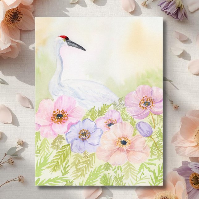 Carte Postale Grue couronnée avec des anémones pastel (Créateur téléchargé)