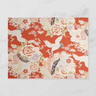 Carte Postale Grue japonaise Rouge Kimono Motif Sakura Flowers
