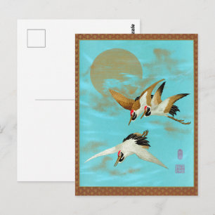 Carte Postale Grue japonaise vintage et soleil doré sur fond ble