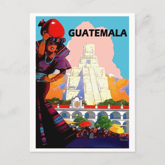 Carte Postale Guatemala, femme indigène avec poterie, pyramide (Devant)