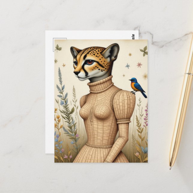 Carte Postale Guépard adorable en robe d'écorce de bouleau avec  (Devant/Arrière en situation)