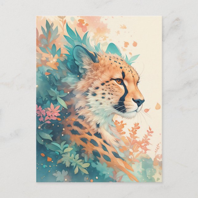 Carte Postale Guépard avec feuillage et feuilles tropicaux vibra (Devant)