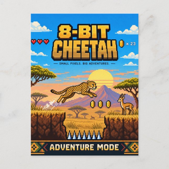 Carte Postale Guépard, Pixel Art Rétro 8 Bits (Devant)