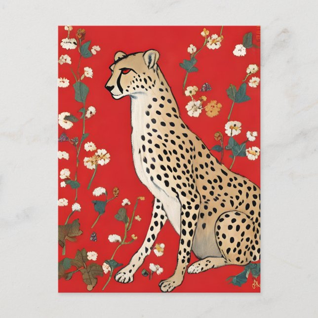 Carte Postale Guépard sur fond rouge avec des fleurs (Devant)