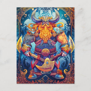 Carte Postale Guerrier Viking Vibrant avec Hache Mythologie Nord
