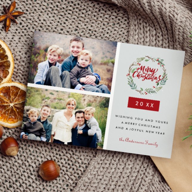 Carte Postale Guirlande de Noël classique Deux photos personnali (Christmas Postcard with 2 landscape photo, custom message on the front, red and neautral colors,)