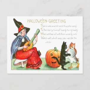 Carte Postale Guitare de chat noir sorcière Jack-o'-lantern Owl