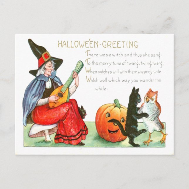 Carte Postale Guitare de chat noir sorcière Jack-o'-lantern Owl (Devant)