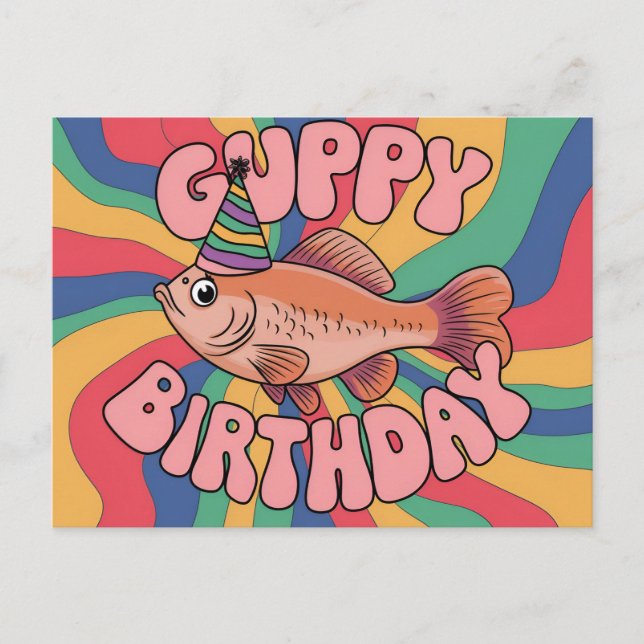 Carte Postale Guppy portant un chapeau d'anniversaire couleurs p (Devant)
