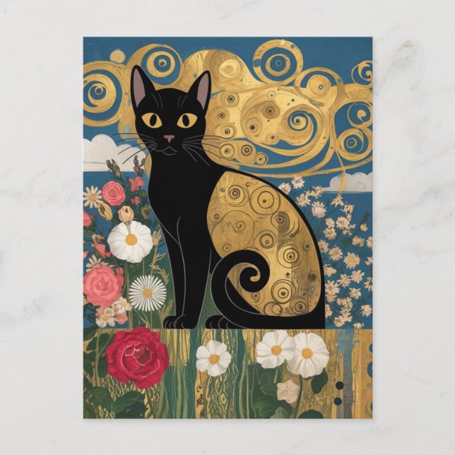 Carte Postale Gustav Klimt Chat Floral Noir, Art Éclectique Mode (Devant)