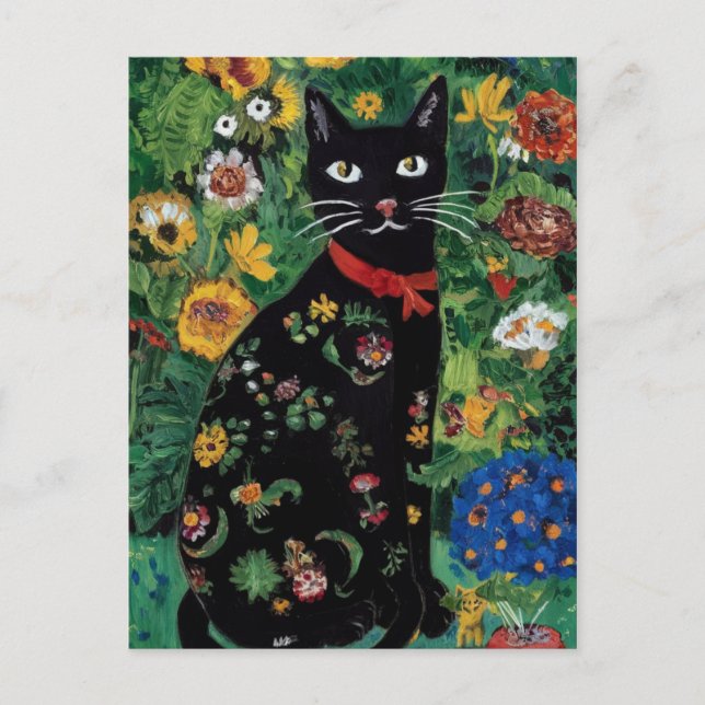 Carte Postale Gustav Klimt Chat noir dans un jardin de fleurs, A (Devant)